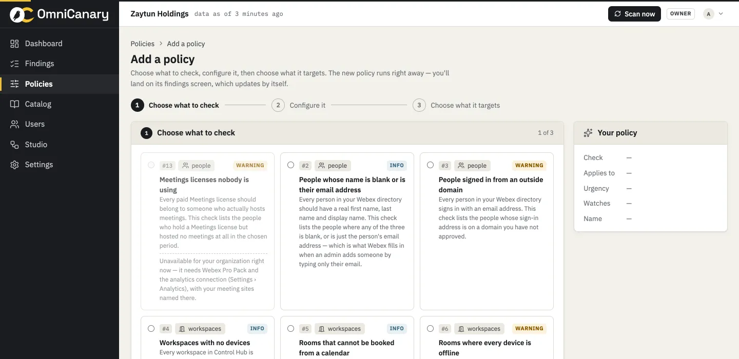 OmniCanary Add a policy stepper: choose what to check, configure it, choose what it targets — a grid of catalog checks with severity chips beside a Your policy summary card